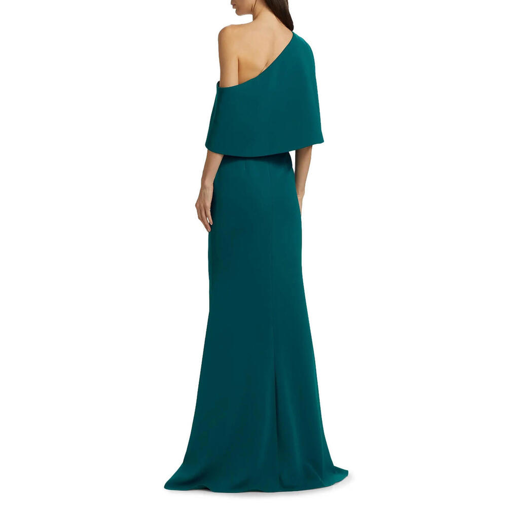 Badgley Mischka Stretch-Crepe Cape Gown $695 Teal Sleeves sz 0 Runway Prom Gala - Picture 4 of 5